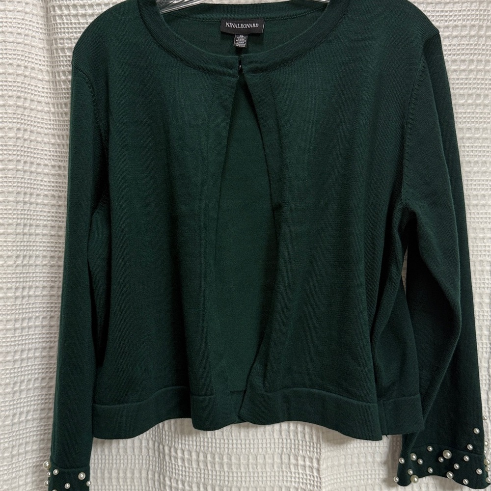 Nina Leonard Dark Green bolero Cardigan with Pearl Accents cuffs SZ XL holiday‎